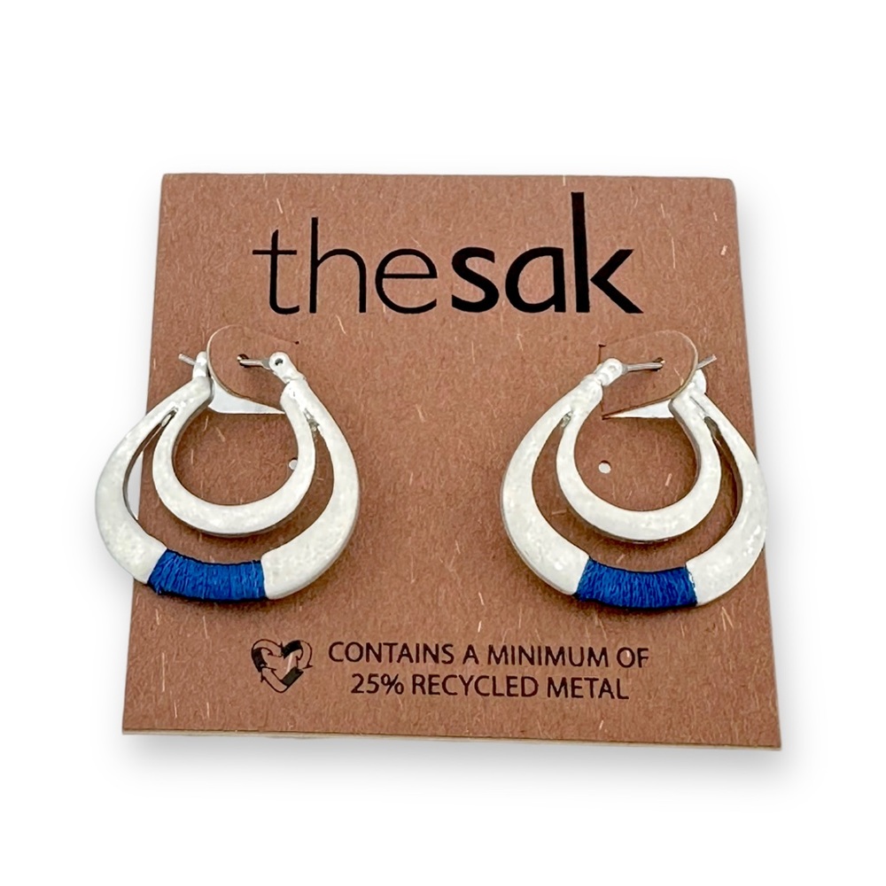 NWT The Sak - Silver Tone Thread Wrapped Hoop Earrings - Silver & Blue